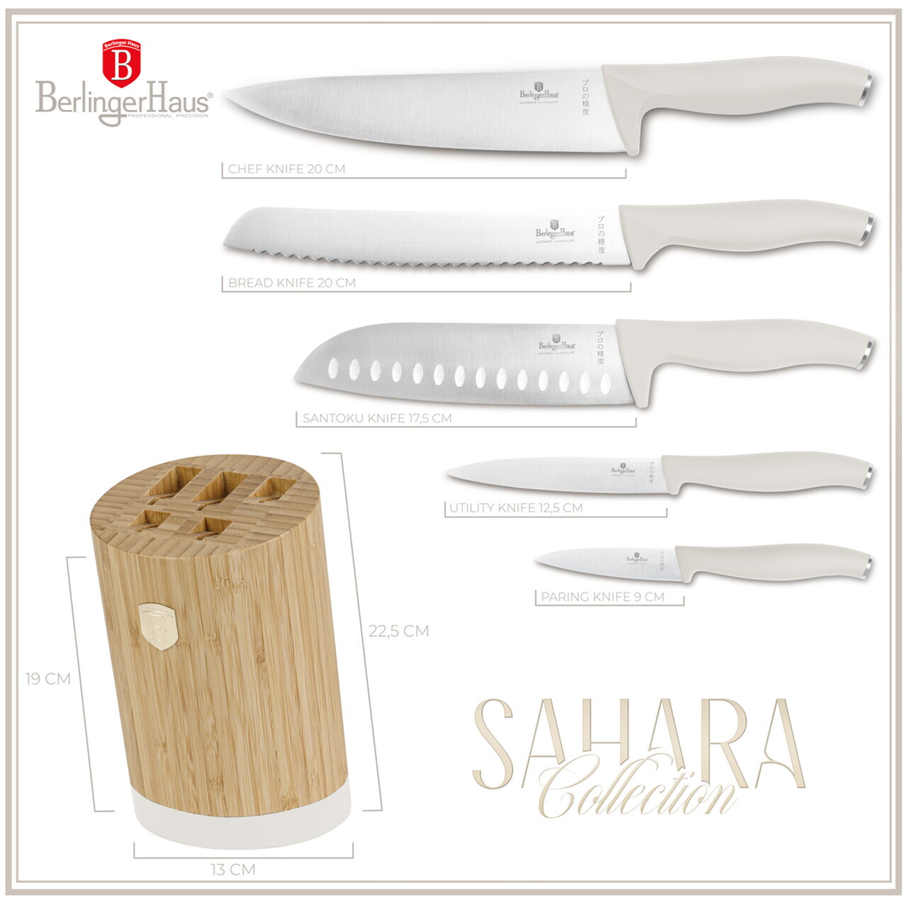 Set 5 cutite cu suport rotund Berlinger Haus, Sahara, inox/bambus, crem mat/natur - imagine 12