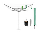 Uscator de rufe rotativ cu 4 brate + cu suport fixare pamant + husa + set carlige rufe, Brabantia, Lift-O-Matic, 50 m capacitate de uscare, otel, gri metalizat