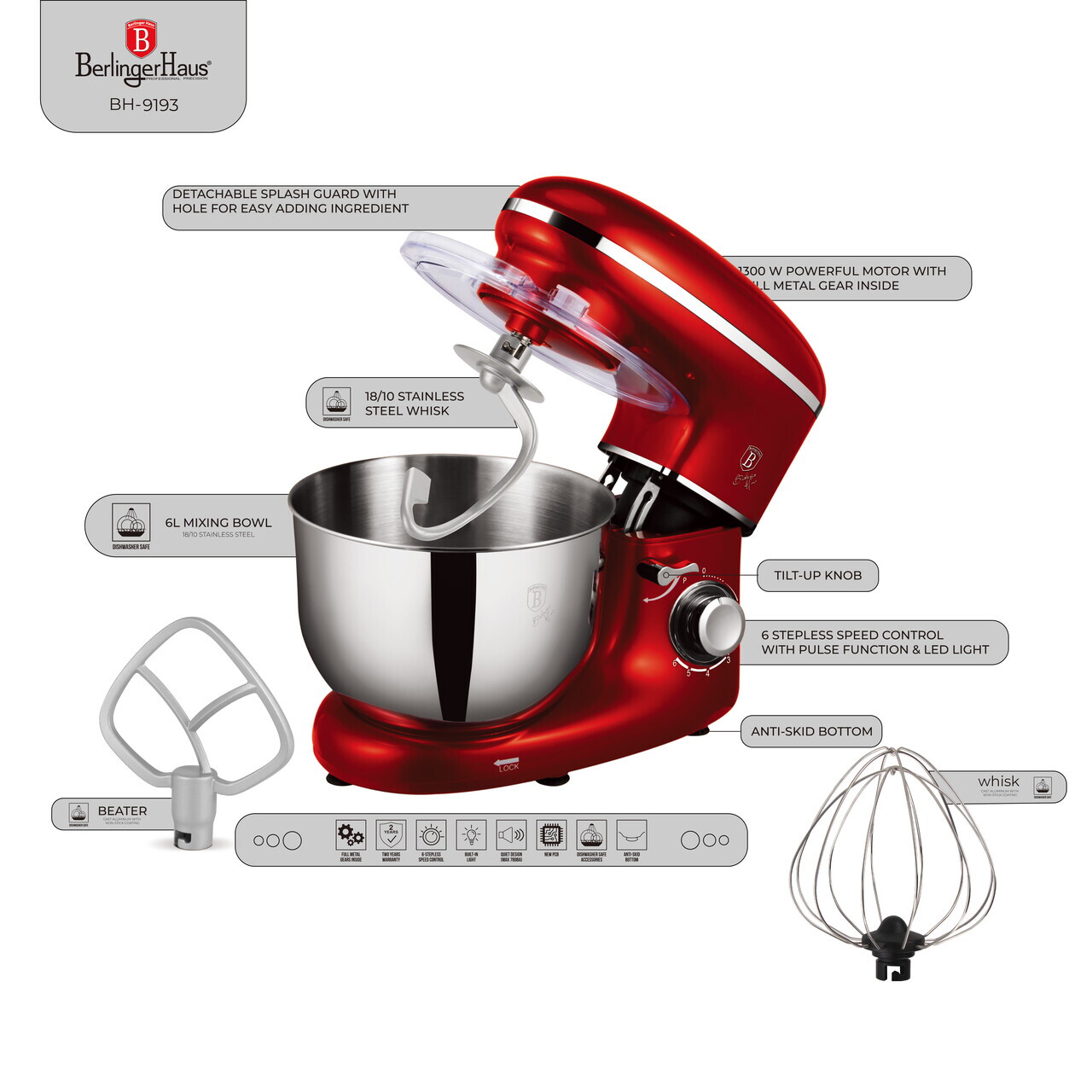 Robot de bucatarie Berlinger Haus, Burgundy, 1300W, inox/plastic, rosu/argintiu - imagine 4