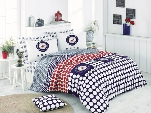 Lenjerie de pat dubla Dots, Beverly Hills Polo Club, 4 piese, 240 x 260 cm, 100% bumbac ranforce, albastru/rosu/alb /100