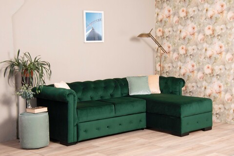 Coltar extensibil cu lada si sezlong dreapta, Chester One, L.247 l.171 H.74, stofa, Velvet Louvre Green