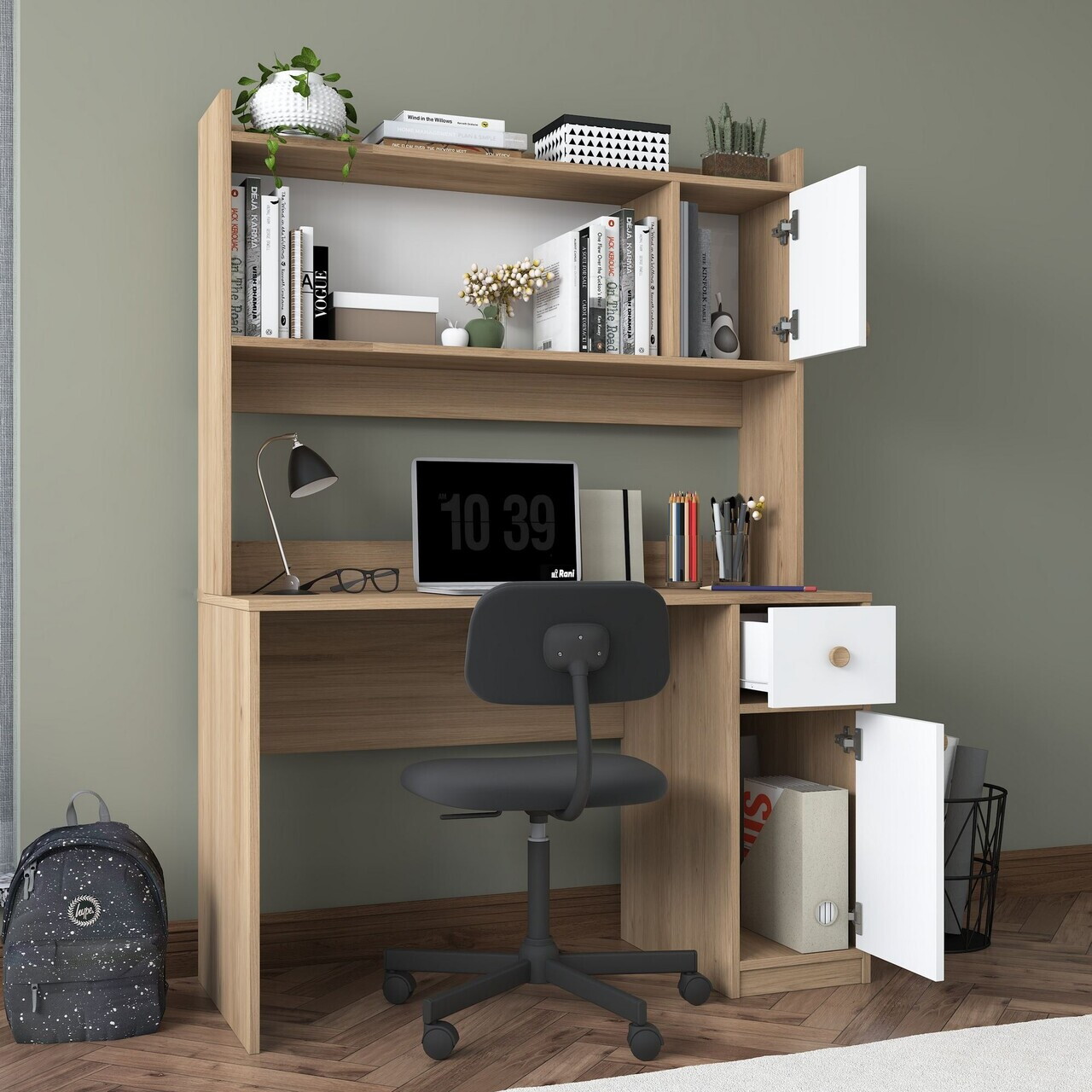 Set birou si biblioteca, Hanah Home, HA127, 120x166x50 cm, PAL melaminat, Nuc/Alb - view 5