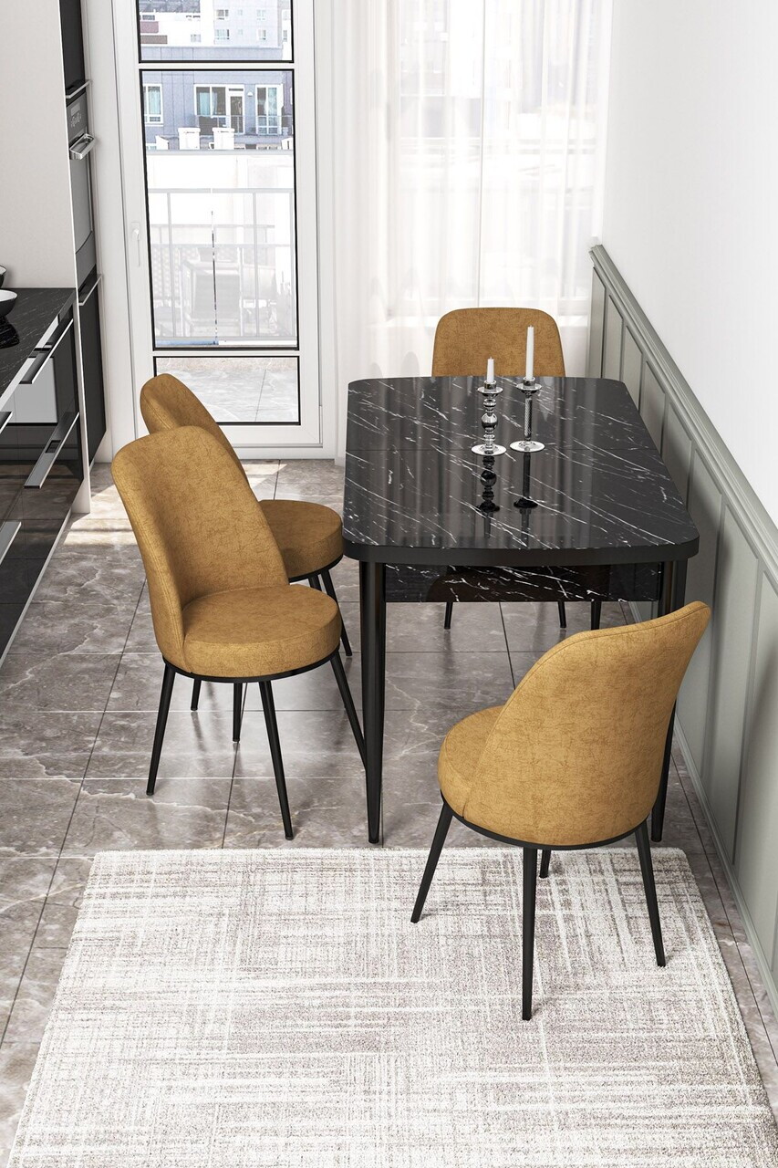 Set masa extensibila si scaune (5 piese), Hanah Home, Via, Model de marmură neagră / Cappuccino
