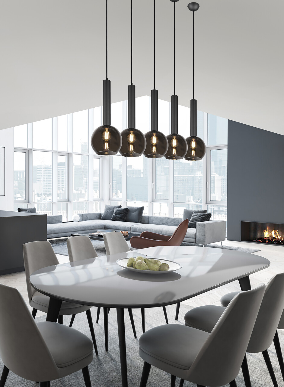 Lustra Clayton, TRIO, 115x20x150 cm, 28W, 5x E27, metal, negru mat