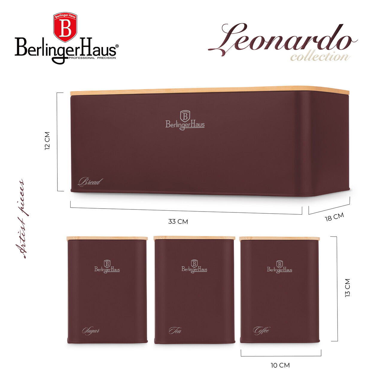 Set cutie pentru paine si 3 recipiente Berlinger Haus, Leonardo, 33x18x12 cm, otel carbon, visiniu mat/natur - imagine 5