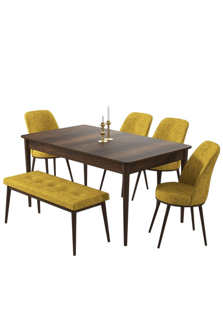 Set masa si 6 scaune, Hanah Home, Pir, Model baroc din lemn / Muștar — imaginea 2