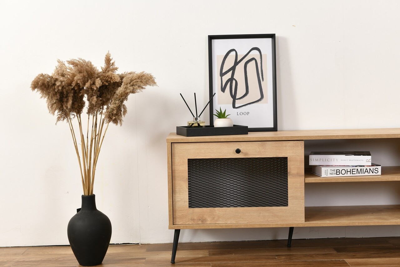 Comoda TV, Wolina, Wire 140, 138x55x41 cm, 100% PLANCĂ DE PARTICULAȚI VOLTATE, Stejar - 2 | YEO