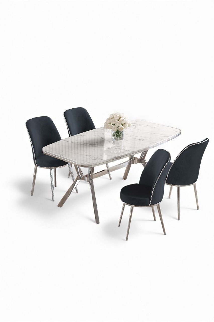 Set masă și scaune (5 bucăți), Hanah Home, Lena, Marmură albă / Crom / Antracit - view 2