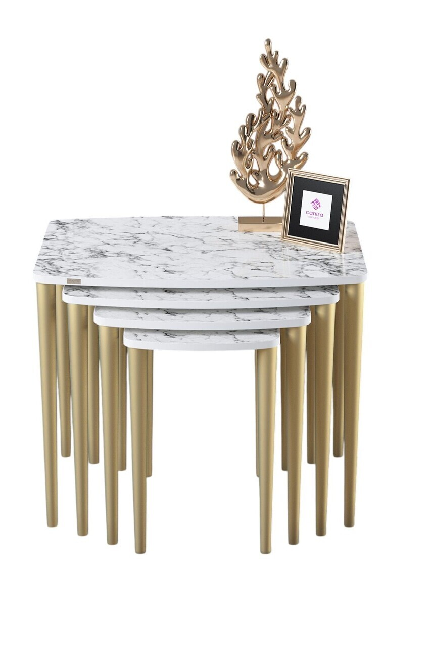 Set masute Nesting 4 piese, Hanah Home, Telwe, Model de marmură albă / Auriu — imaginea 2