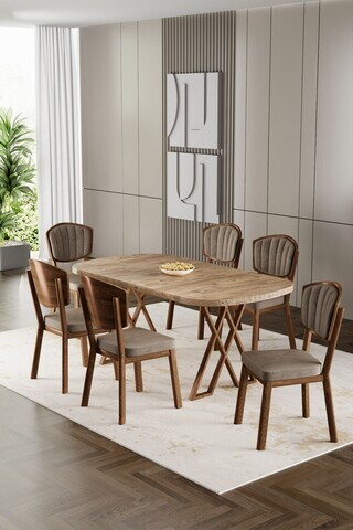 Set masa si scaune (7 piese), Hanah Home, Flori, Pin / Aspect de lemn / Cappuccino