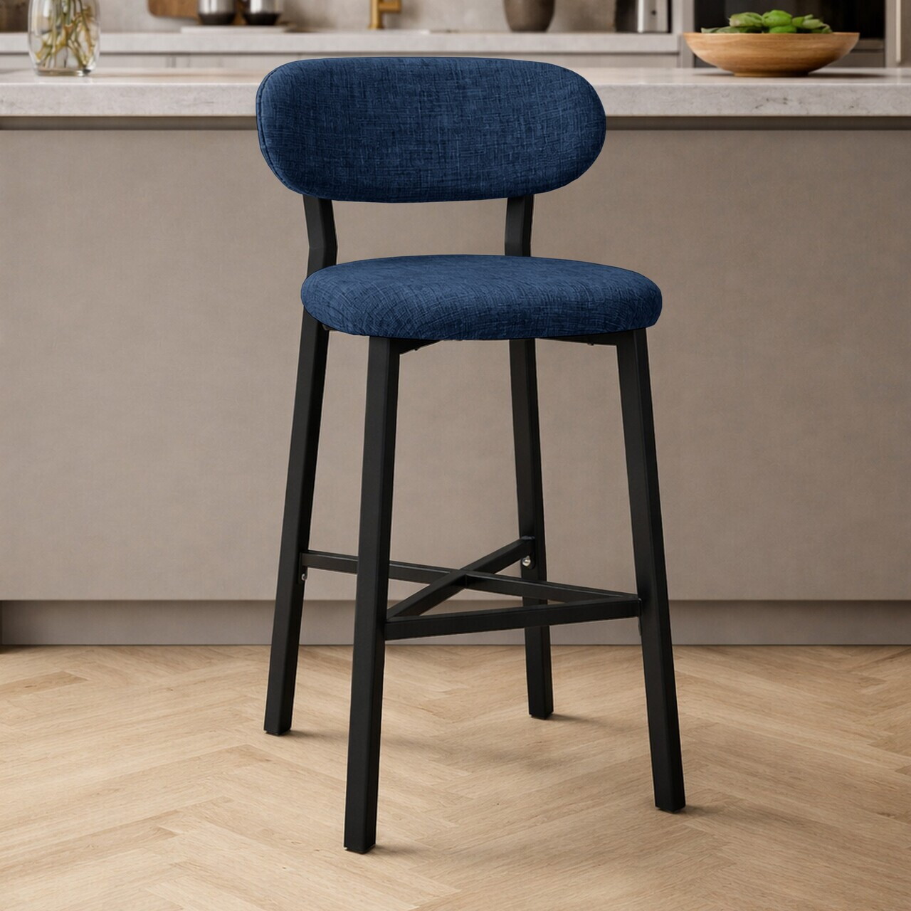 Scaun de bar, Hanah Home, Luna, 42x100x45 cm, Fier/Poliester/In, Albastru navy — imaginea 2