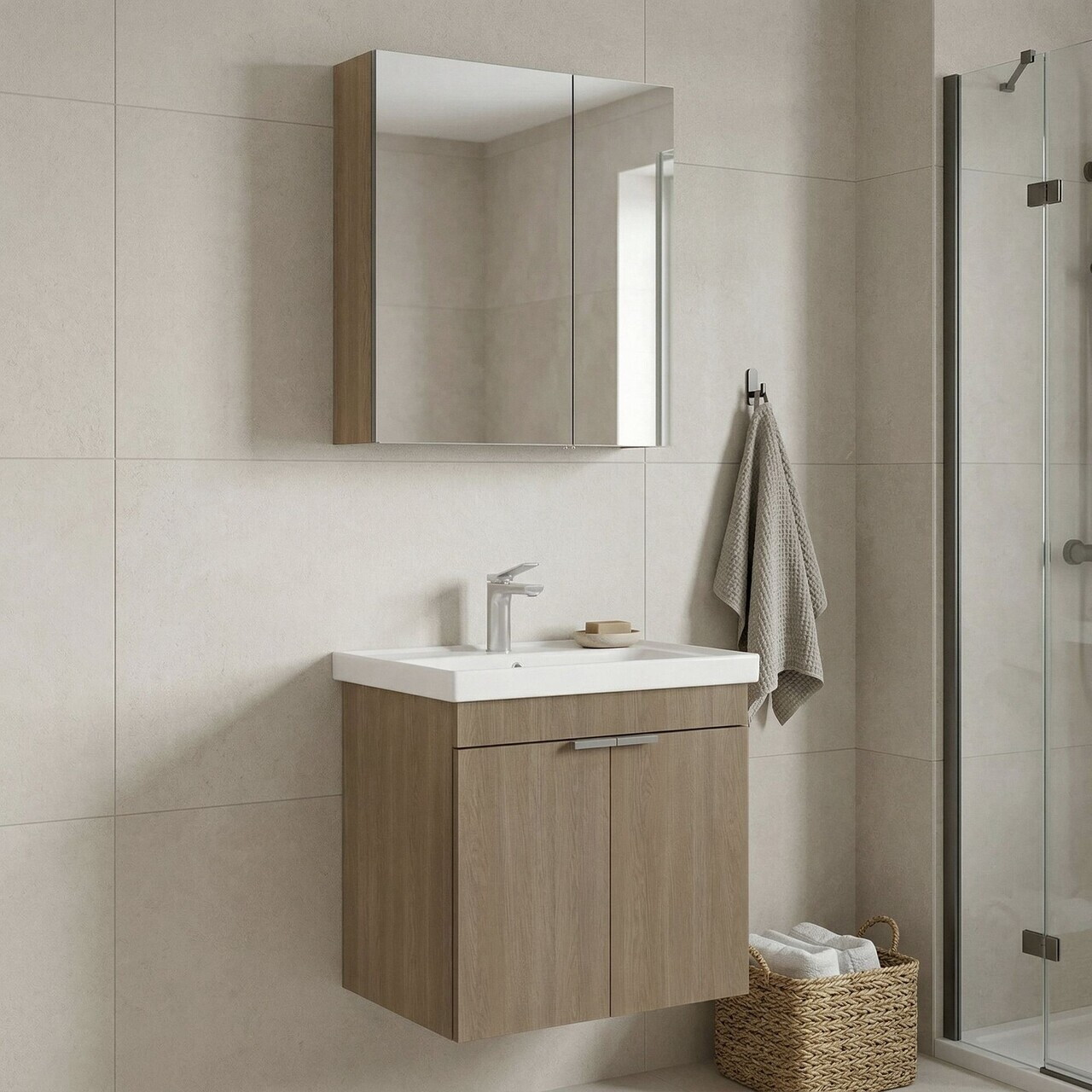 Set Dulap de Baie cu Chiuvetă și Oglindă (2 Piese), Hanah Home, Desna 60, Stejar — imaginea 2