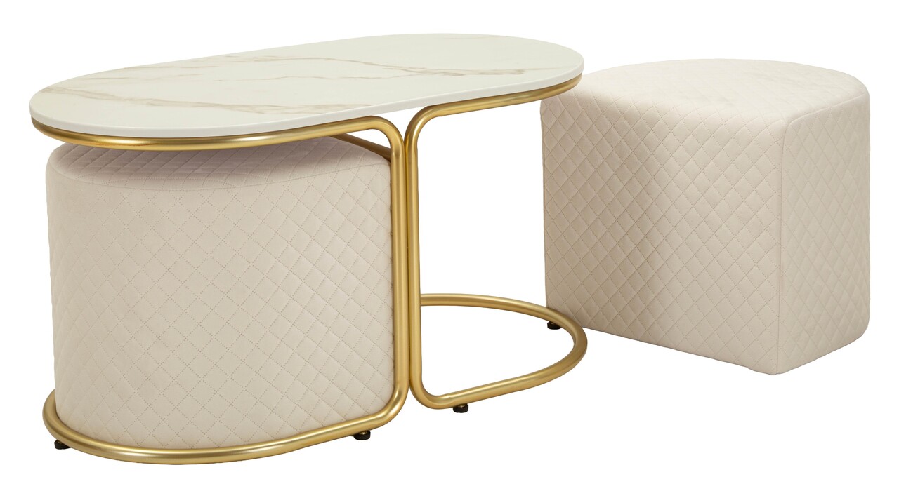Set masuta de cafea si 2 taburete, Mauro Ferretti, Relax, 79x45x44 cm, lemn de pin/poliester, alb/auriu - imagine 4