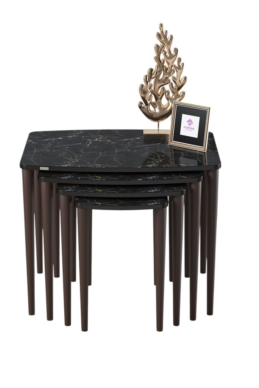 Set masute Nesting 4 piese, Hanah Home, Telwe, Model de marmură neagră / Nuc — imaginea 2