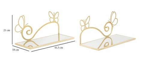Set 2 etajere pentru pat Butterfly, Mauro Ferretti, 41.5x18x21 cm , fier/oglinda, auriu