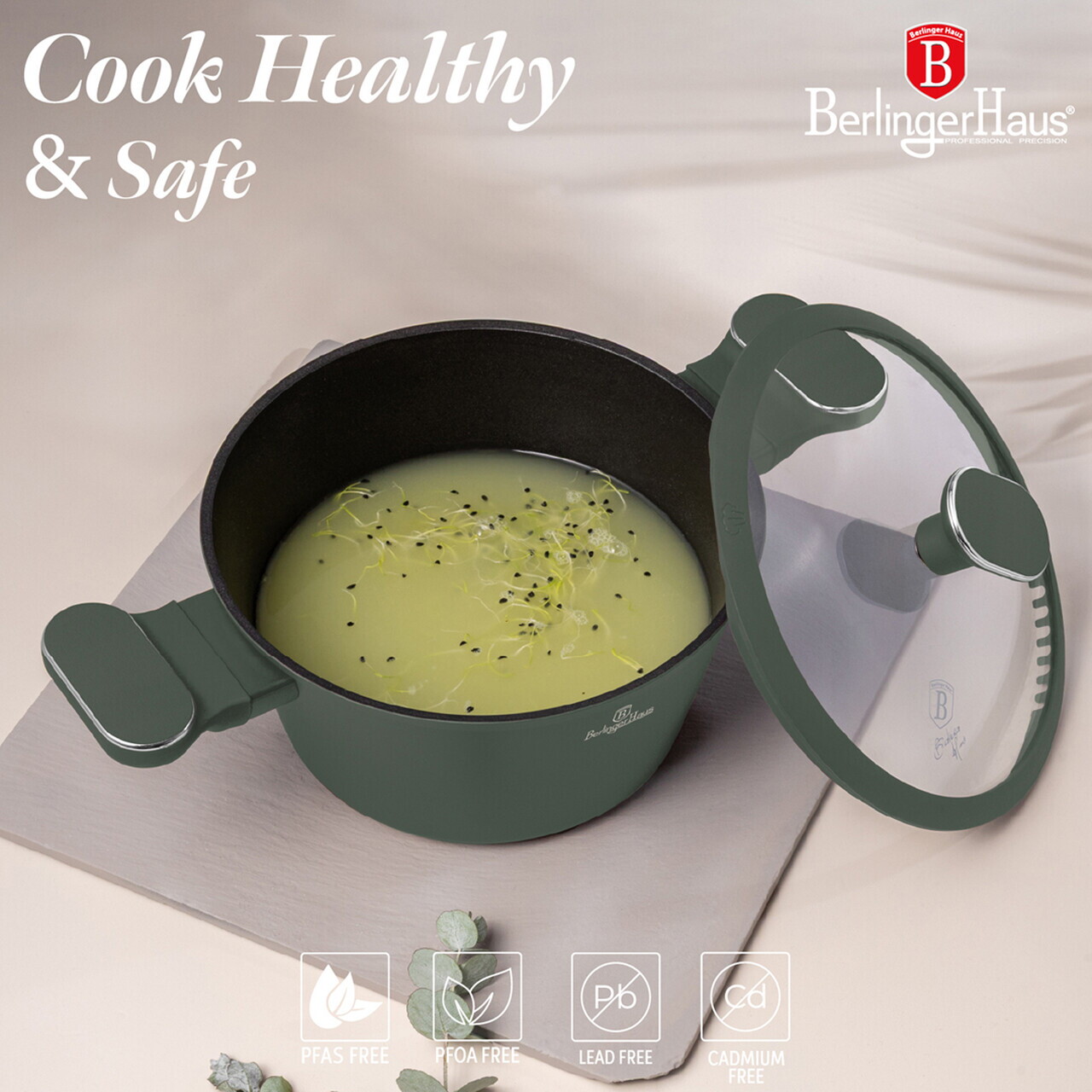 Oala cu capac Berlinger Haus, Matte Green, 20 cm, 2.5 L, aluminiu forjat, verde mat - imagine 14