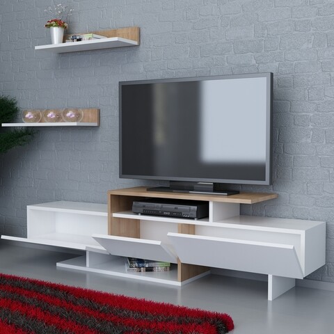 Comoda TV cu 2 rafturi Ekol, Decorotika, 164x30x40 cm, alb/bej