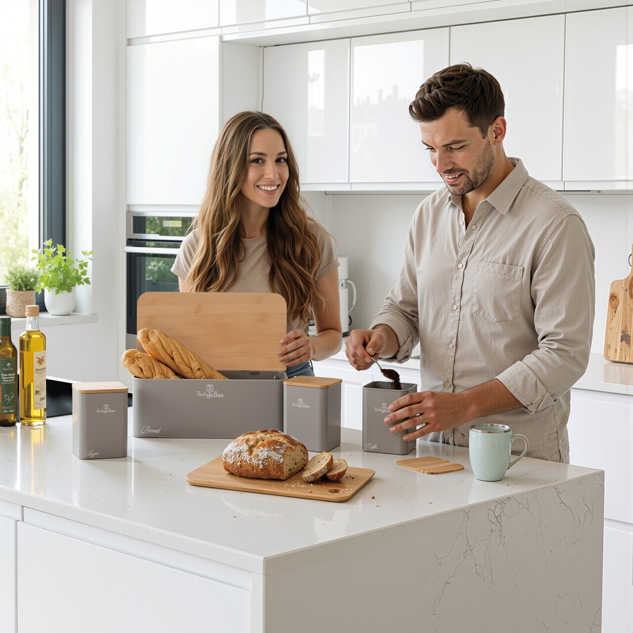 Set cutie pentru paine si 3 recipiente Berlinger Haus, Taupe, 33x18x12 cm, otel carbon, taupe mat/natur - view 5
