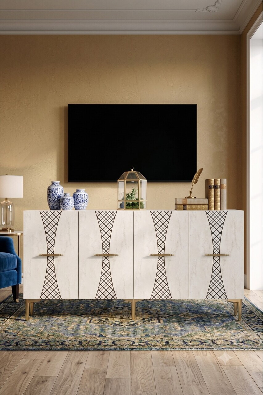 Consola, Hanah Home, Slim 150, 150x75x32 cm, White / Travertine / Gold — imaginea 3