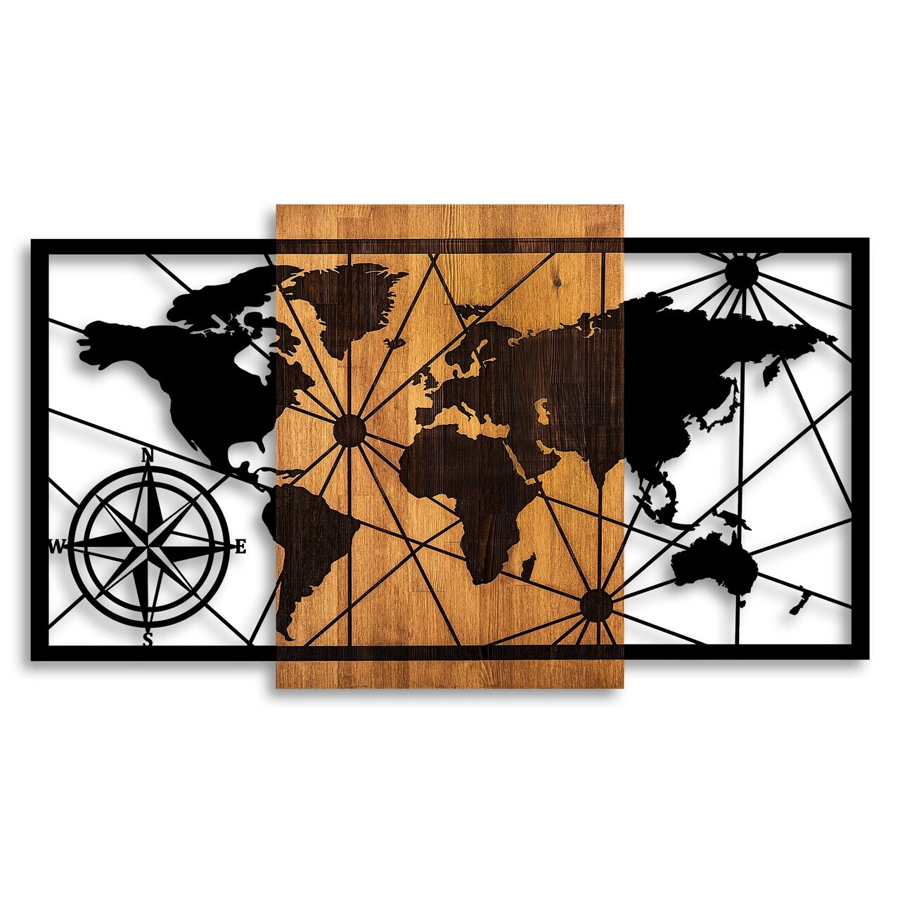 Decoratiune de perete, World Map 3-L, Dimensiune: 70 x 120 cm, Nuc / Negru — imaginea 5