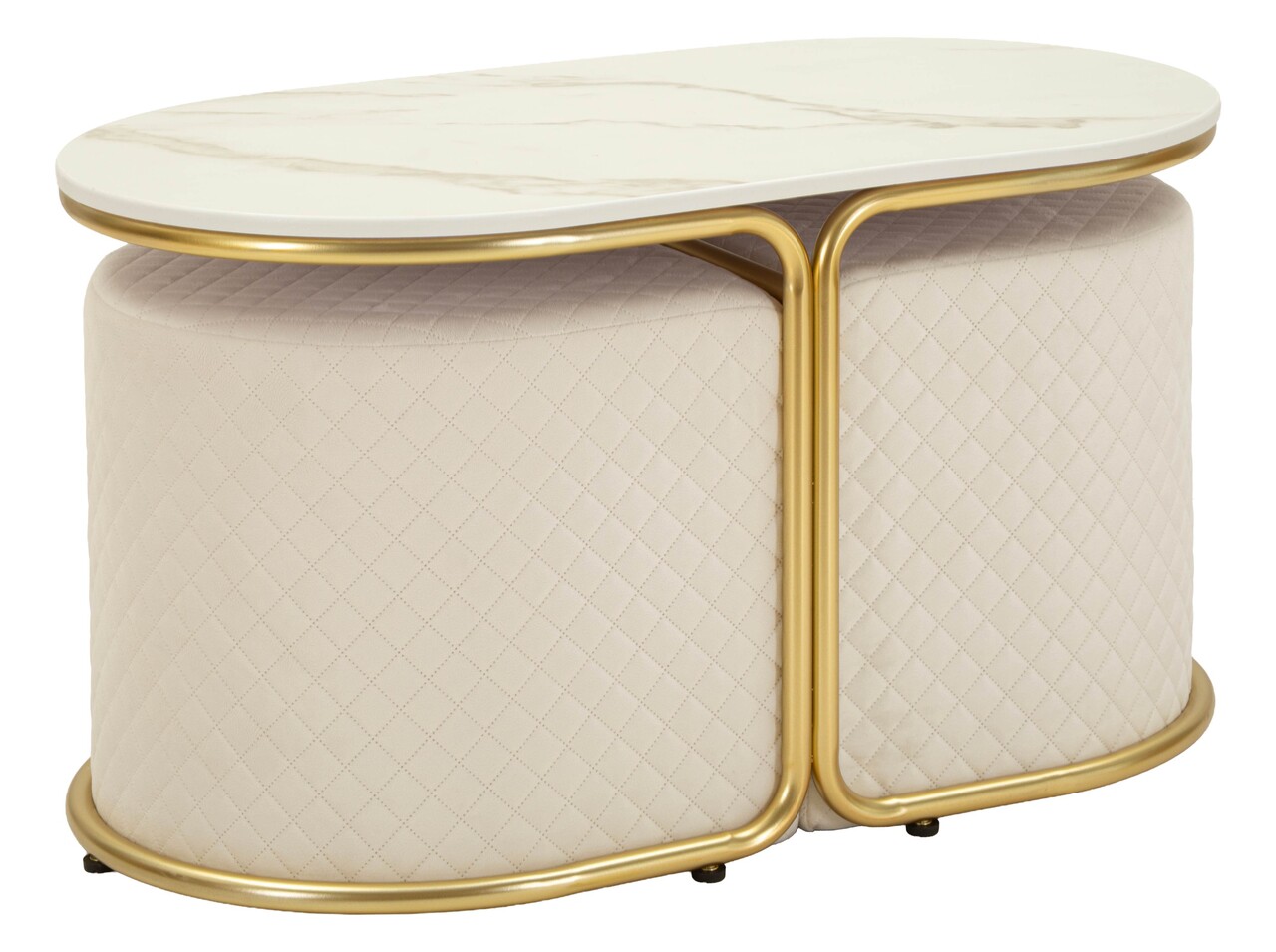 Set masuta de cafea si 2 taburete, Mauro Ferretti, Relax, 79x45x44 cm, lemn de pin/poliester, alb/auriu - imagine 7