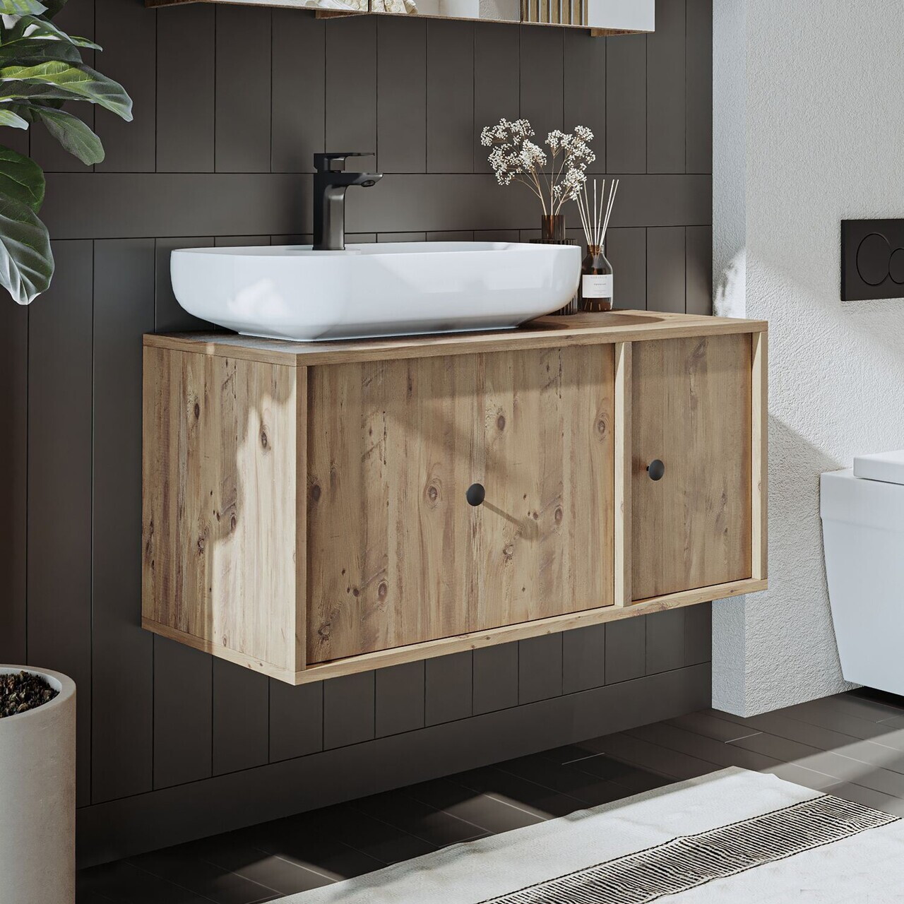 Dulap de baie cu chiuvetă, Hanah Home, 2563, 90x58x45 cm, MDF, Maro — imaginea 3