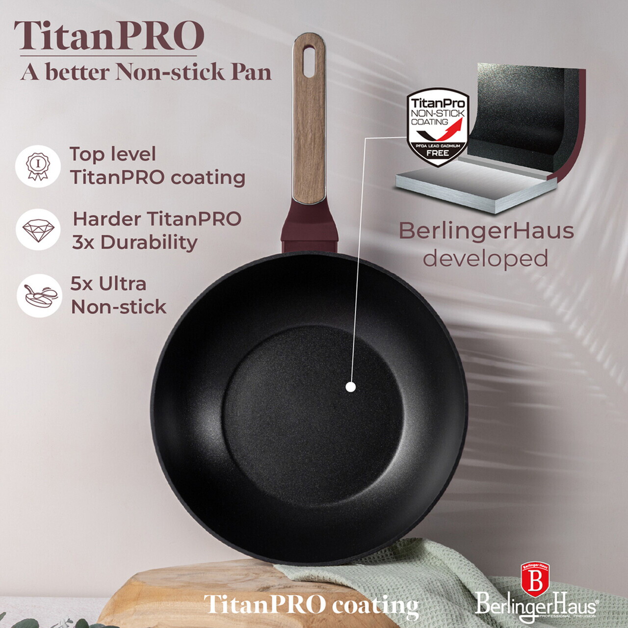 Tigaie Wok Berlinger Haus, Leonardo Nordic, 28 cm, 3.5 L, aluminiu forjat, visiniu mat - imagine 13