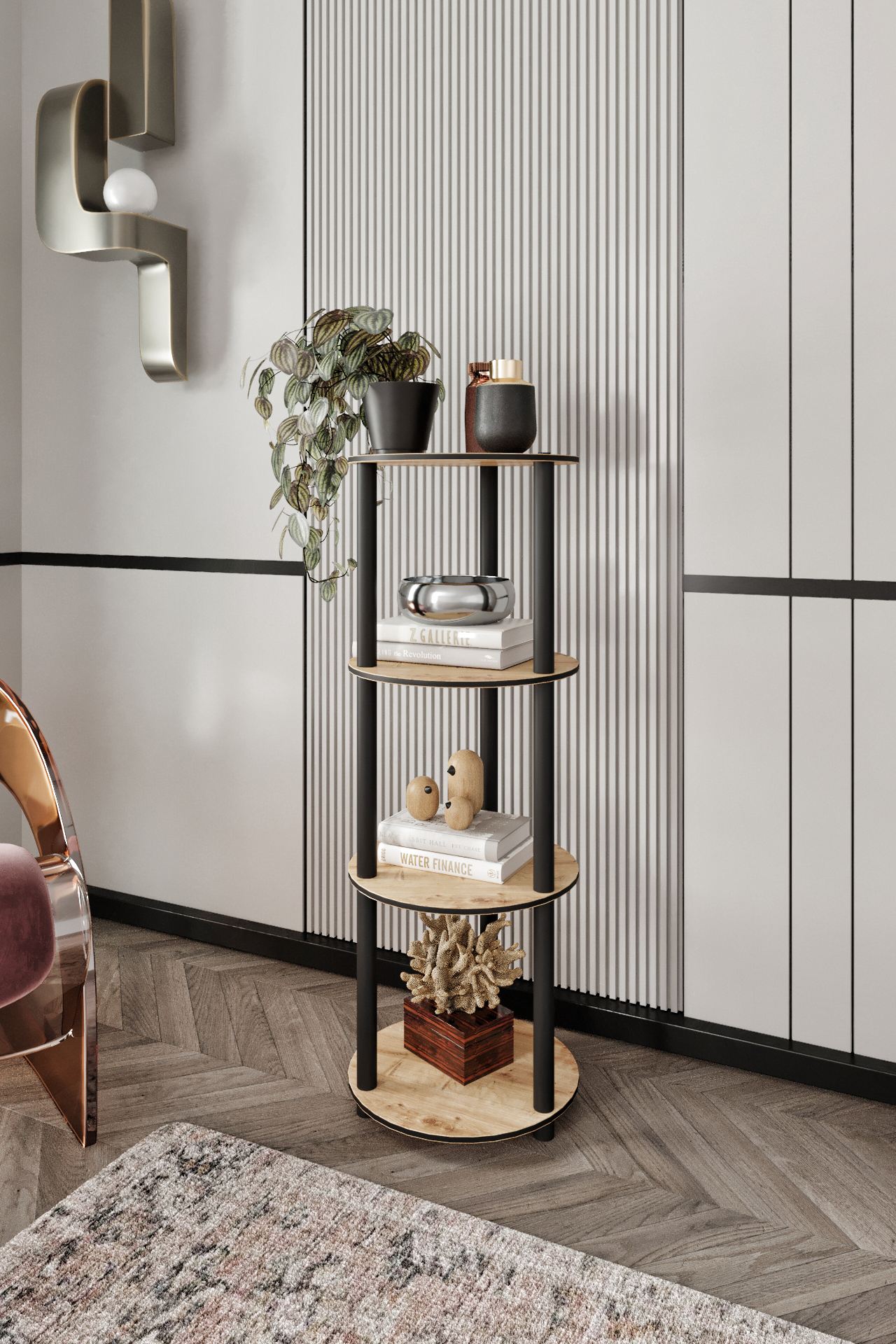 Corp biblioteca, Hanah Home, Bookcase 4 Floors Round, 34x106x34 cm, MDF , Stejar