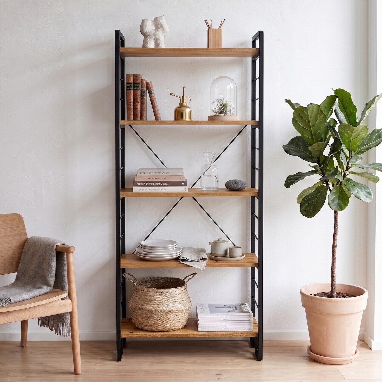 Corp biblioteca, Hanah Home, Moner, 60x155x30 cm, Pin Atlantic / Negru