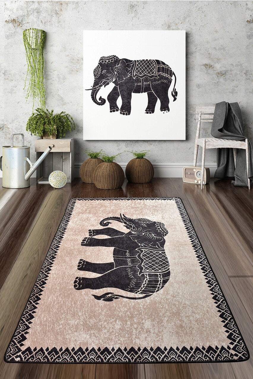 Covor de hol, Elefante Nero Djt, 50% catifea/50% poliester, Multicolor