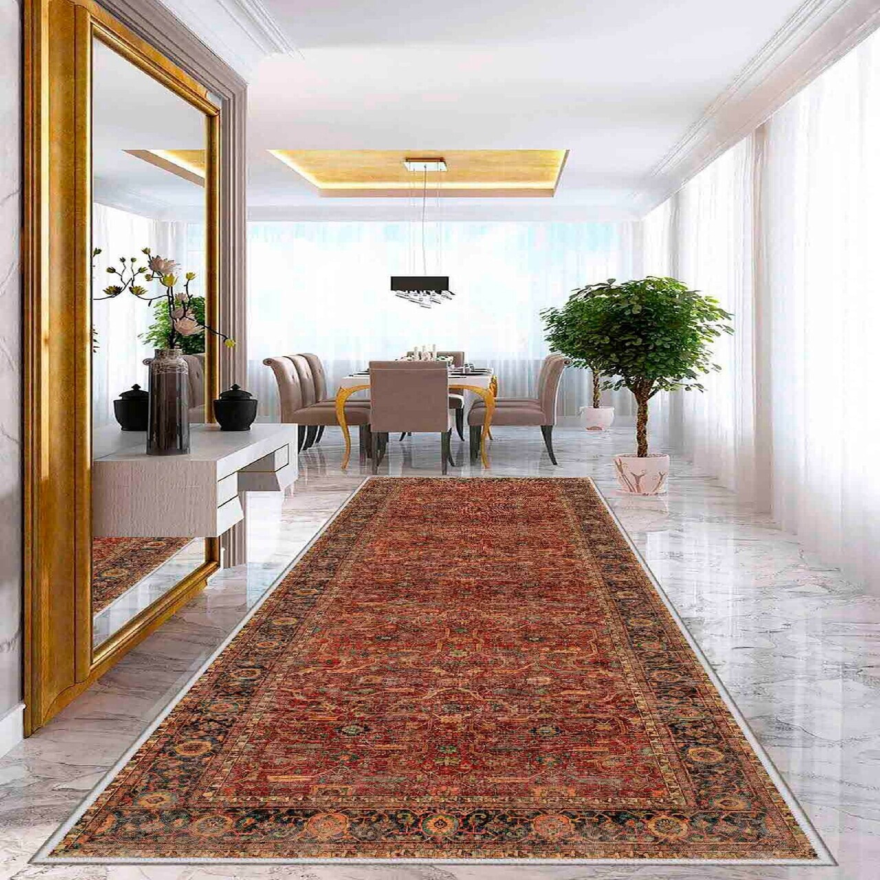 Covor Wooylk002 80x250 cm Poliester Roșu-cărămidă / Cămilă / Negru