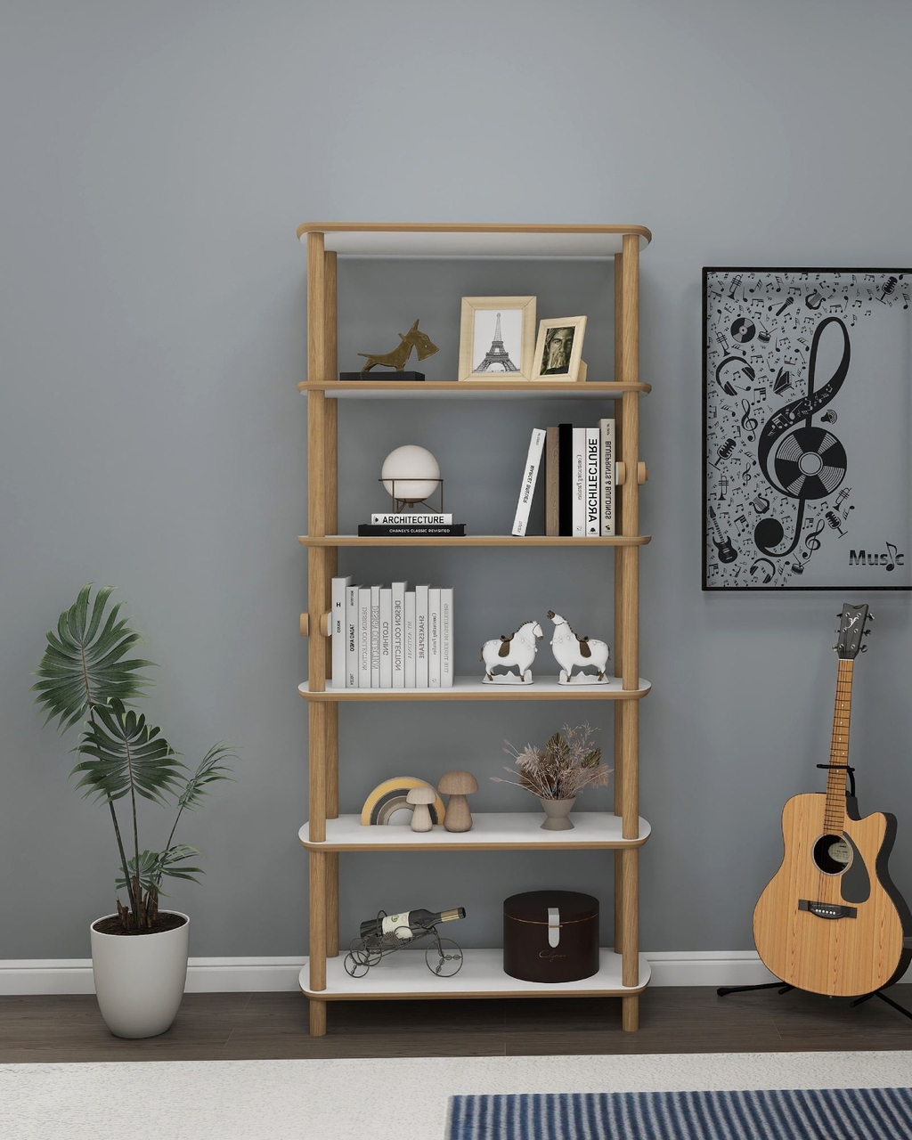 Corp biblioteca, Hanah Home, Rosa 6, 80x174x30 cm, Stejar / Alb - view 2
