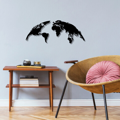 Decoratiune de perete, world map small, metal, 100 x 39 cm, negru