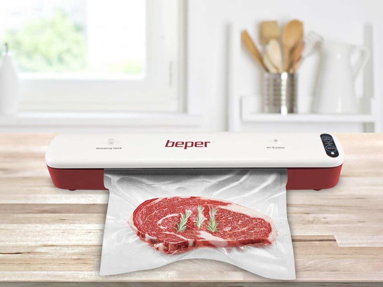 Aparat de vidat alimente cu functie dubla P102CON001 Beper 85 W ABS alb/rosu