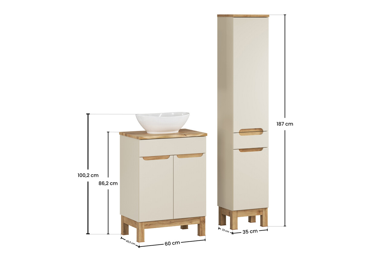 Set mobilier baie Bali Cashmere Wotan 60 cm HC, dulap inalt si masca cu lavoar, Comad, MDF/PAL, casmir - view 2