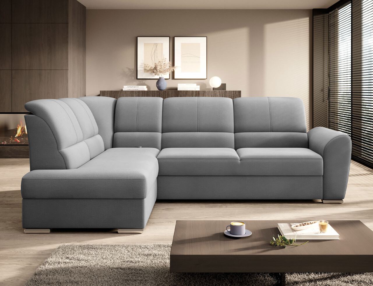 Coltar extensibil stanga 3 locuri ELTAP, LT-03NU, Siber, 270x186x93 cm, lemn/poliester, gri deschis