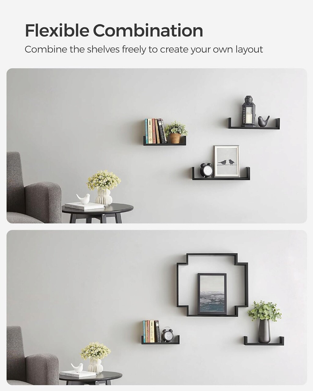 Set 3 rafturi de perete Songmics Modern, 40 x 10 x 9 cm, PAL, negru - imagine 3