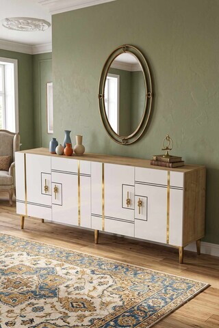 Consola, Hanah Home, Ilay 180, 180x75x32 cm, Stejar Safir / Alb / Auriu