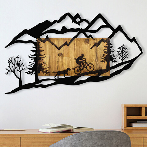 Decoratiune de perete, bicycle riding in nature 1, metal/lemn, dimensiune: 110 x 3 x 65 cm, nuc / negru