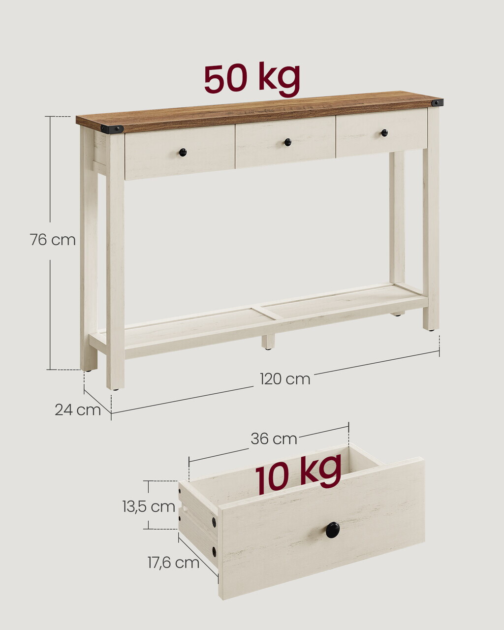 Consola cu 3 sertare si raft, Vasagle, 120x24x76 cm,  MDF/PAL/otel, maro miere/alb vintage - imagine 4