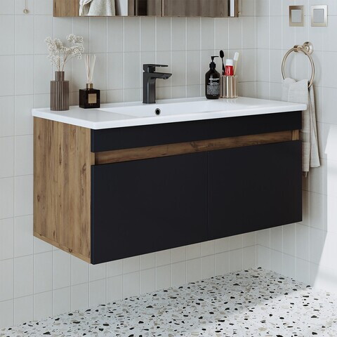 Dulap de baie cu chiuvetă, Hanah Home, 1913, 100x48x45.5 cm, MDF-LAM, Pin Atlantic / Antracit