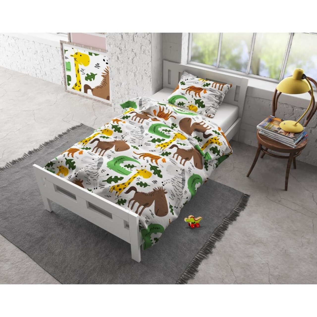 Lenjerie De Pat Pentru O Persoana, Small Zoo White, Royal Textile, 2 Piese, 140 X 200 Cm, 100% Bumbac Flanel, Multicolora