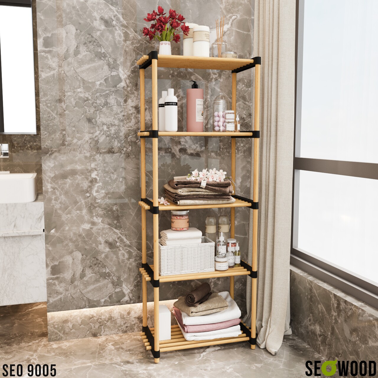 Organizator Multifunctional, Seowood, Cu 5 Rafturi, 127 X 49 X 28 Cm, Lemn Solid, Natur