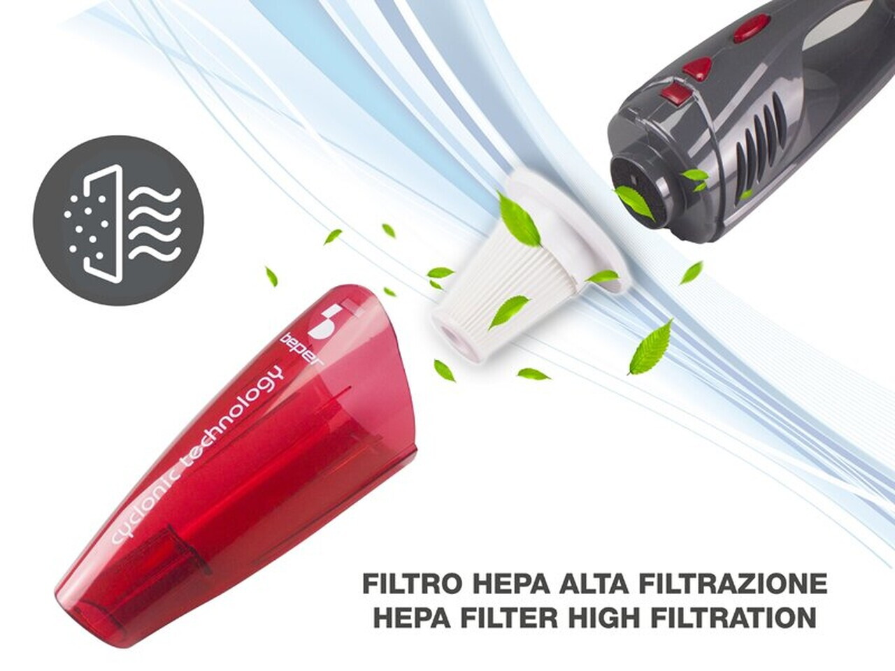 Aspirator vertical Cyclonic, Beper, 600W, 24.5x13.5x109 cm, ABS/aluminiu, rosu/gri — imaginea 4