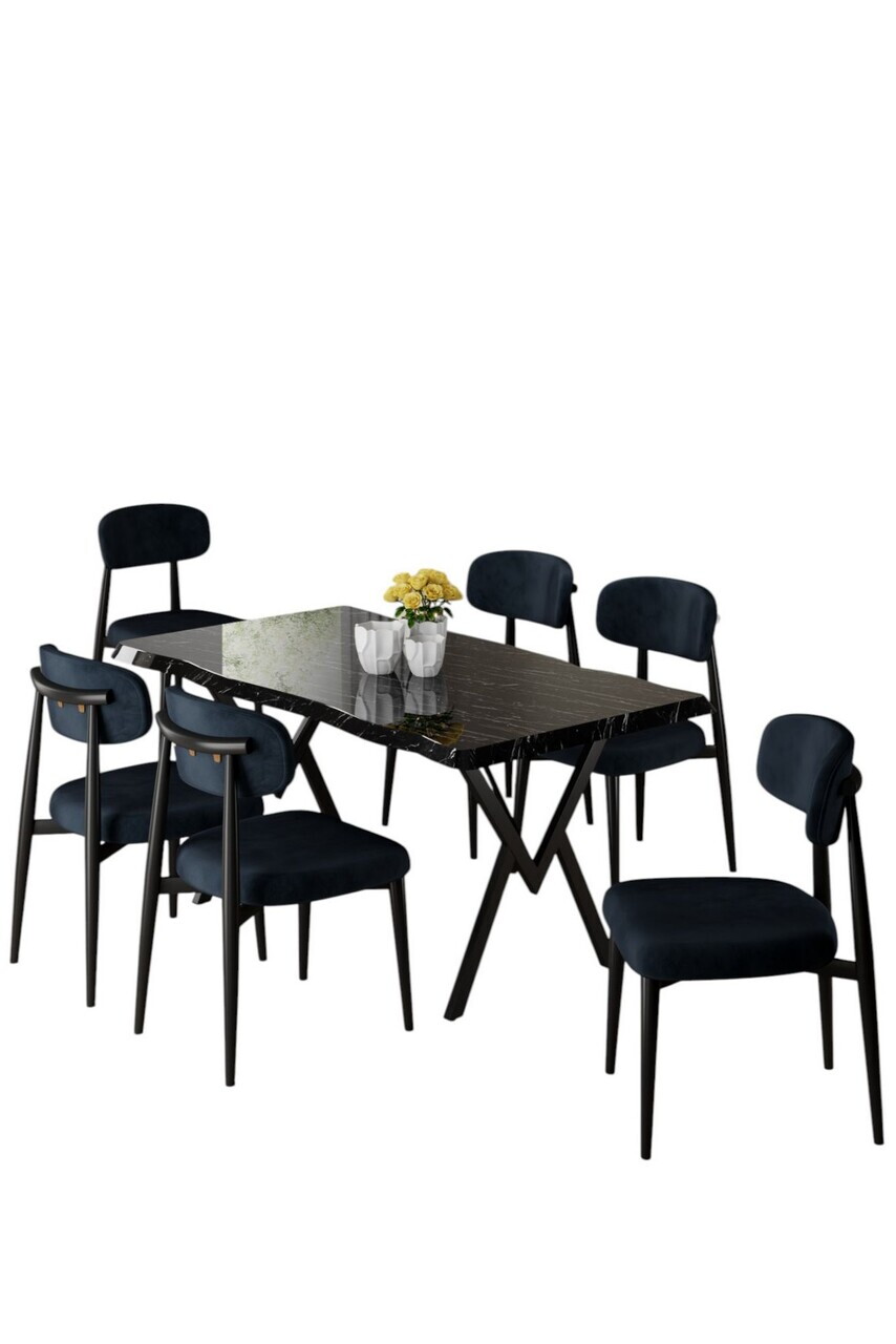 Set masa si scaune (7 piese), Hanah Home, Zerra, Model de marmură neagră / Antracit — imaginea 2