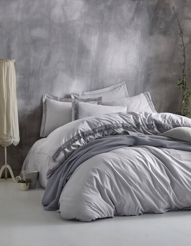 Set lenjerie de pat + cuvertura pentru doua persoane nature - grey, cotton box, 5 piese, bumbac ranforce, gri