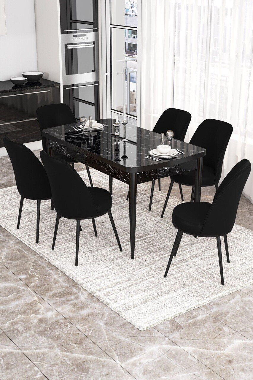 Set masa extensibila si scaune (7 piese), Hanah Home, Via, Model de marmură neagră / Negru