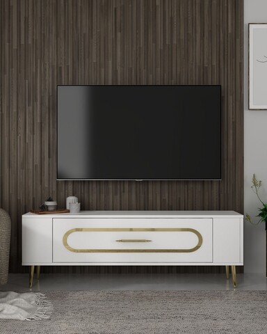 Comoda TV, Olivia, Retrop3, Alb/Auriu