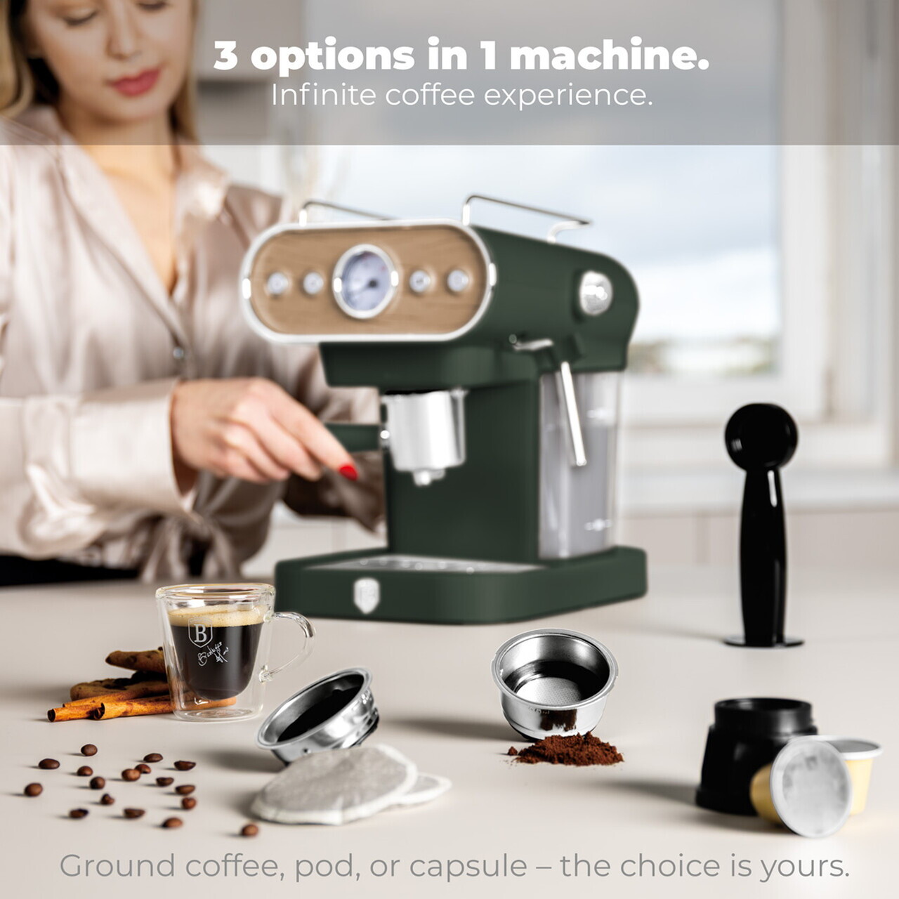 Espressor 3 in 1 Berlinger Haus, Matte Green, 950W, 23x26.5x30.5 cm, inox, verde mat/natur - view 11