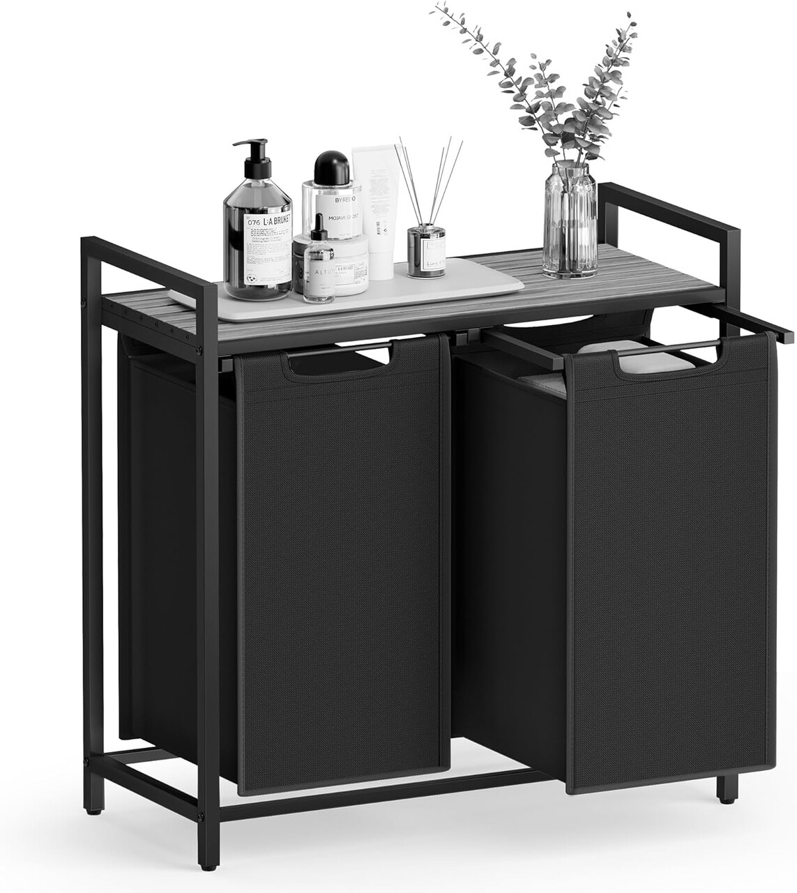Cos de rufe cu 2 compartimente si raft, Vasagle, 73x33x72 cm, 2 x 46 L, MDF/otel/tesatura Oxford, negru - 1 | YEO